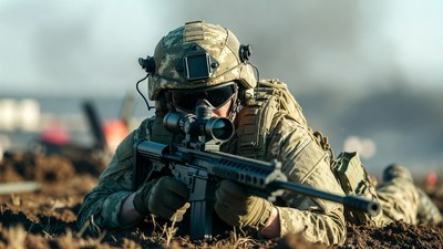 Soldier aiming rifle prone in dirt