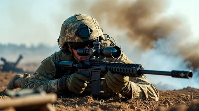 Soldier aiming sniper rifle prone