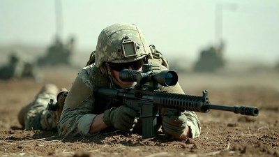 Soldier aiming sniper rifle prone