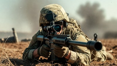 Soldier aiming sniper rifle prone