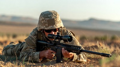 Soldier aiming sniper rifle prone