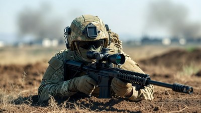 Soldier aiming sniper rifle prone