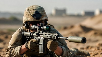 Soldier aiming sniper rifle prone