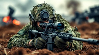 Soldier aiming sniper rifle prone