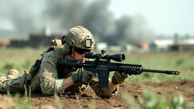 Soldier aiming sniper rifle prone