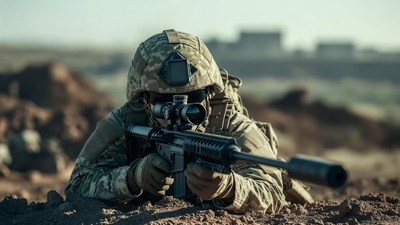 Soldier aiming sniper rifle prone