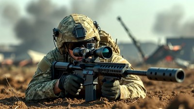 Soldier aiming sniper rifle prone