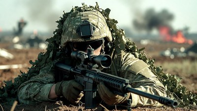 Soldier aiming sniper rifle in combat