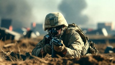 Soldier aiming rifle in combat field