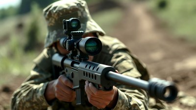 Soldier aiming sniper rifle