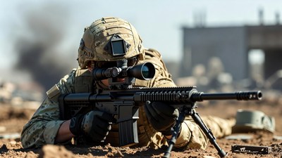 Soldier aiming sniper rifle prone