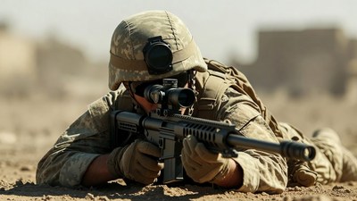 Soldier aiming sniper rifle in desert