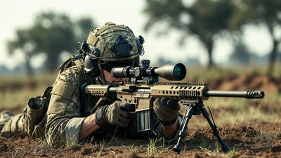 Soldier aiming sniper rifle prone