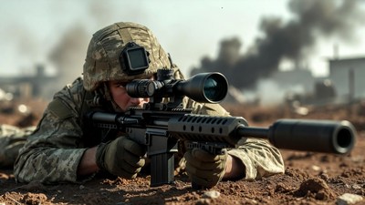Soldier aiming sniper rifle prone