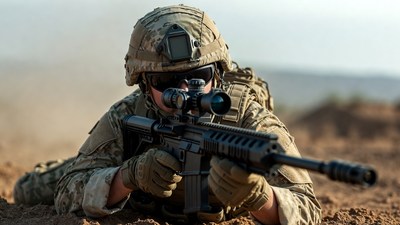 Soldier aiming sniper rifle prone