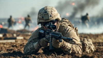 Soldier aiming rifle in combat