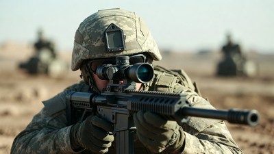 Soldier aiming rifle in desert