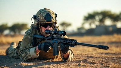 Soldier aiming sniper rifle prone