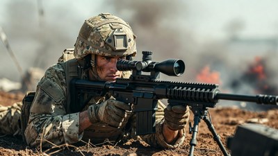 Soldier aiming sniper rifle prone