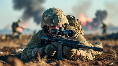 Soldier aiming sniper rifle in combat