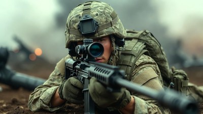 Soldier aiming sniper rifle prone