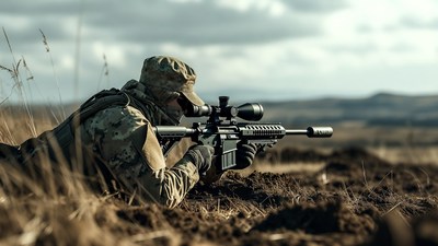 Soldier aiming sniper rifle prone