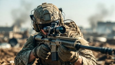 Soldier aiming sniper rifle