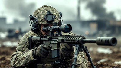 Soldier aiming sniper rifle