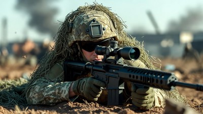 Soldier aiming sniper rifle prone