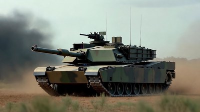 M1 Abrams tank driving in dust