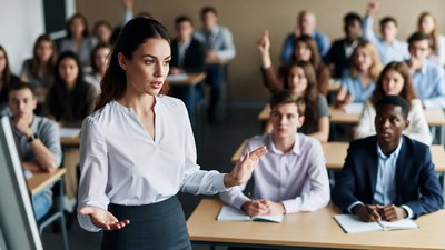 Female teacher presenting to diverse classroom