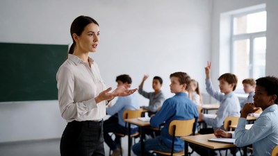 Teacher teaching class with raised hands