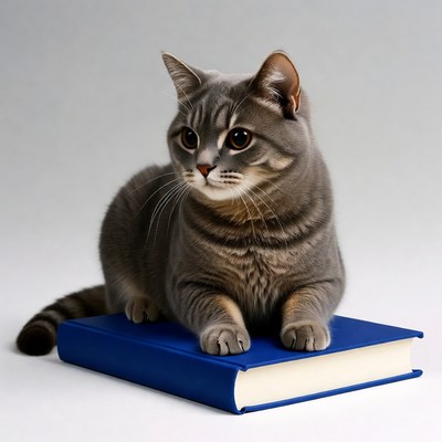 Gray cat sitting on blue book