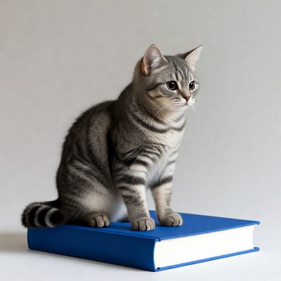 Gray tabby kitten sitting on blue book