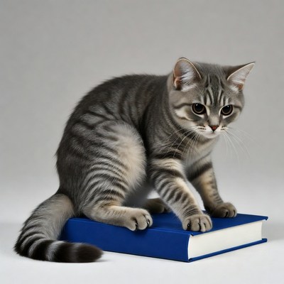 Gray kitten sitting on blue book
