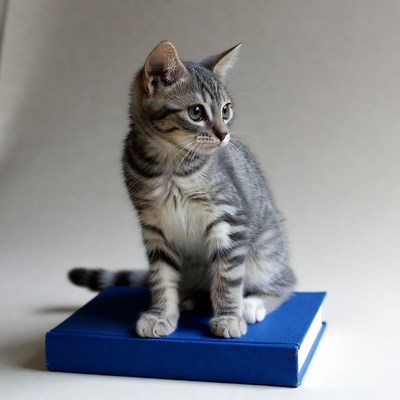 Gray tabby kitten sitting on blue book