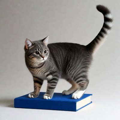 Gray tabby cat standing on blue book