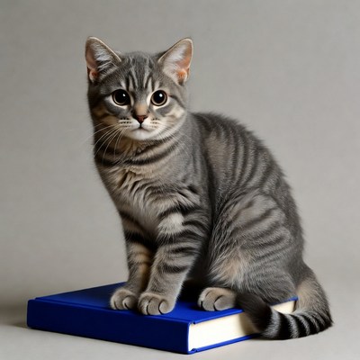 Gray tabby kitten sitting on blue book