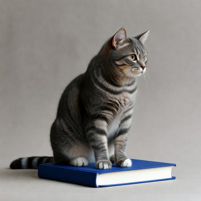 Gray tabby cat sitting on blue book