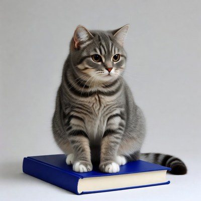 Gray tabby cat sitting on book