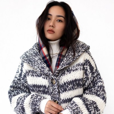 Asian woman in plaid scarf hoodie