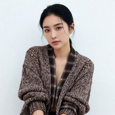 Asian woman in brown knit cardigan