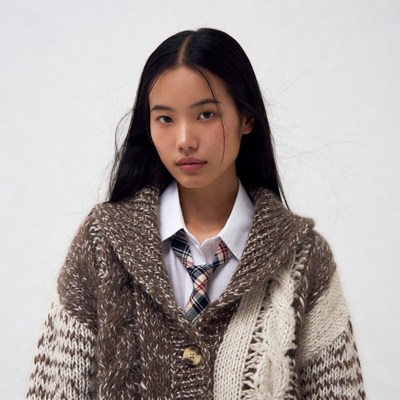 Asian girl in plaid tie sweater