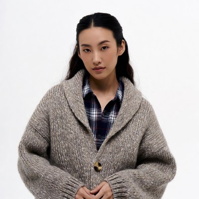 Asian woman in gray cardigan