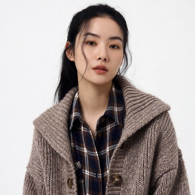 Asian woman in plaid shirt and sweater