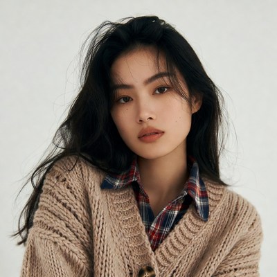 Asian woman in knit sweater and plaid shirt