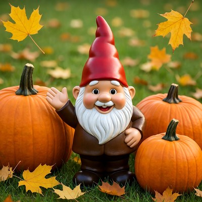 Garden Gnome with Pumpkins and Autumn Leaves