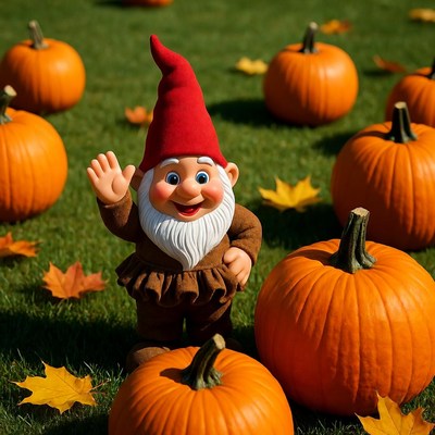 Waving gnome surrounded by pumpkins