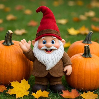 Smiling garden gnome with pumpkins