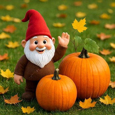 Smiling gnome waving with pumpkins